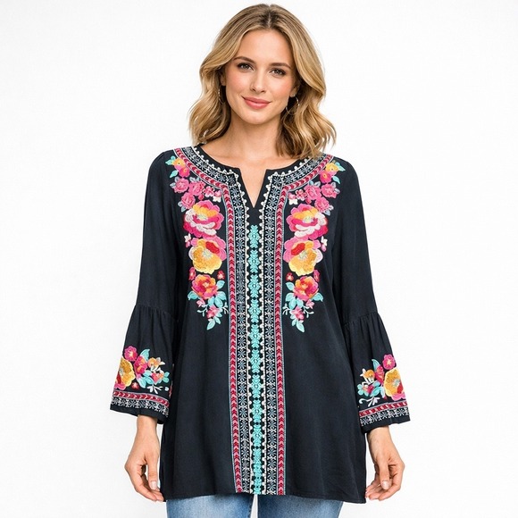 ANDREE BY UNIT Tops - Andree By Unit Floral Embroidered Tunic Top Size Small Boho Bell Sleeves Black